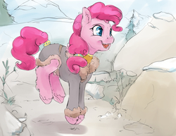 Size: 2640x2040 | Tagged: safe, artist:silfoe, pinkie pie, earth pony, pony, nomad au, g4, alternate universe, belt, clothes, cute, diapinkes, female, fluffy, happy, high res, hopping, mare, pronking, royal multiverse, sky, smiling, snow, solo, tail wrap, tree