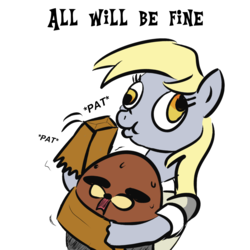 Size: 1074x1074 | Tagged: safe, artist:velgarn, derpy hooves, pegasus, pony, g4, 4chan cup, 4chan winter cup 2018, female, football, gondola (meme), head pat, hug, mare, open mouth, pat, patting, petting, requested art, safest hooves, scrunchy face, simple background, sports, spurdo spärde, sweat, text, white background