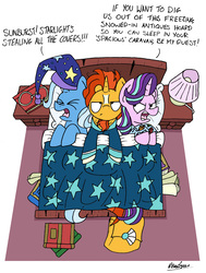 Size: 2362x3119 | Tagged: safe, artist:bobthedalek, starlight glimmer, sunburst, trixie, pony, unicorn, g4, angry, bed, bisexual, book, clothes, female, glasses, harem, hat, high res, lesbian, male, mare, messy mane, nightcap, pajamas, polyamory, reality ensues, scroll, ship:startrixburst, shipping, simple background, stallion, straight, sunburst gets all the mares, sunburst is not amused, that pony sure does love kites, trixie's nightcap, unamused, whining, white background, yelling