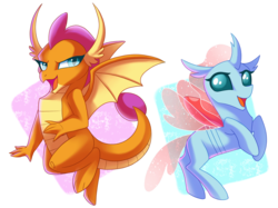 Size: 2732x2048 | Tagged: safe, artist:sacredroses-art, ocellus, smolder, changedling, changeling, dragon, g4, school daze, dragoness, duo, duo female, female, high res, simple background, white background