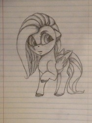 Size: 480x640 | Tagged: dead source, safe, artist:miokomata, fluttershy, pony, g4, female, lined paper, pencil drawing, raised hoof, sketch, solo, traditional art, unshorn fetlocks