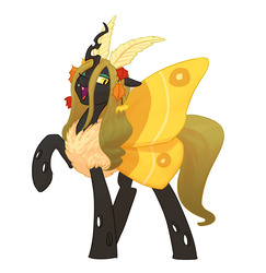 Size: 875x900 | Tagged: safe, artist:carnifex, oc, oc only, oc:deciduous, changeling, changeling queen, moth, mothling, original species, antennae, autumn leaves, butterfly wings, changeling queen oc, female, leaves, one eye closed, raised hoof, simple background, smiling, solo, species swap, white background, wink, yellow changeling