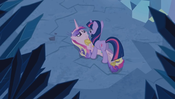 Size: 1280x720 | Tagged: safe, screencap, princess cadance, twilight sparkle, alicorn, pony, unicorn, a canterlot wedding, g4, cave, confrontation, crystal, crystal caverns, cutie mark, duo, female, out of context, prone, scratches, sisters-in-law
