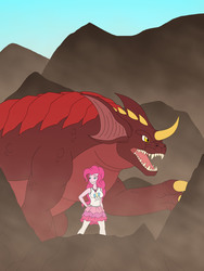 Size: 2463x3271 | Tagged: safe, artist:pyrus-leonidas, part of a set, pinkie pie, kaiju, equestria girls, g4, my little pony equestria girls: better together, baragon, breasts, busty pinkie pie, clothes, crossover, geode of sugar bombs, godzilla (series), high res, open mouth, pantyhose, size difference, skirt
