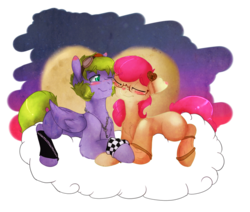 Size: 1024x868 | Tagged: safe, artist:never-coming-back, apple bloom, spike, earth pony, pegasus, pony, g4, alternate hairstyle, alternate universe, bandage, blank flank, blushing, clothes, cloud, colt, cuddling, cute, embrace, female, filly, freckles, glasses, heart, jewelry, key, male, necklace, ponified, ponified spike, remake, ship:spikebloom, shipping, simple background, sky, species swap, straight, transparent background