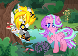 Size: 1400x1000 | Tagged: safe, artist:dreamyeevee, oc, oc only, oc:buzzkill, oc:vitality, alicorn, butterfly, pony, alicorn oc, commission, duo, female, forest, mare