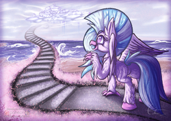 Size: 1195x845 | Tagged: safe, artist:calena, silverstream, classical hippogriff, hippogriff, g4, school daze, beach, cloud, cloudsdale, cute, diastreamies, female, flower, happy, jewelry, necklace, ocean, patreon, patreon logo, shiny eyes, signature, sky, smiling, solo, stairway to heaven, that hippogriff sure does love stairs, water, wings