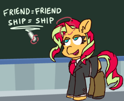 Size: 1422x1160 | Tagged: safe, artist:threetwotwo32232, sunset shimmer, pony, unicorn, g4, 30 minute art challenge, chalkboard, clothes, female, friendship, glowing horn, horn, levitation, lidded eyes, magic, male, mare, parody, socks, solo, stockings, suit, telekinesis, text, the simpsons, thigh highs