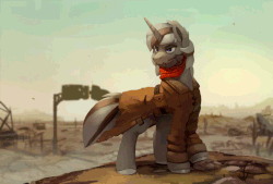 Size: 900x608 | Tagged: safe, artist:rodrigues404, oc, oc only, oc:sylph storm, pony, unicorn, fallout equestria, animated, cinemagraph, clothes, female, heterochromia, looking back, solo