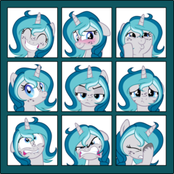 Size: 1500x1500 | Tagged: safe, artist:red-watercolor, oc, oc only, oc:bubble lee, pony, unicorn, angry, blushing, commission, cute, duckface, expressions, eyes closed, female, floppy ears, freckles, grin, gritted teeth, happy, mare, ocbetes, sad, scrunchy face, smiling, unshorn fetlocks, ych result