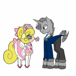 Size: 800x800 | Tagged: safe, artist:familywing, oc, oc only, oc:golden brisk, oc:silver breeze, pony, apron, blushing, clothes, crossdressing, dress, female, floating heart, good end, heart, heart eyes, housewife, kissy face, male, married couple, oc x oc, petticoat, reverse trap, role reversal, shipping, sissy, stepford wife, story included, straight, trap, wingding eyes
