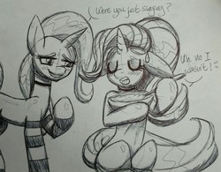 Size: 3002x2340 | Tagged: safe, artist:katkathasahathat, starlight glimmer, trixie, pony, unicorn, g4, baking, blushing, clothes, cooking, dialogue, duo, eyes closed, high res, sketch, socks, striped socks, sweat, traditional art