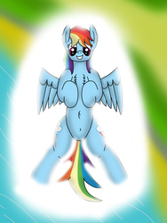 Size: 3629x4838 | Tagged: safe, artist:tacomytaco, rainbow dash, pegasus, pony, g4, belly button, both cutie marks, chest fluff, cloud, cute, dashabetes, featureless crotch, female, looking at you, lying down, smiling, solo, spread wings, wings