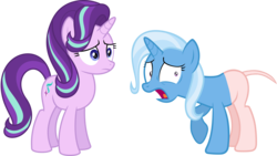 Size: 7653x4330 | Tagged: safe, artist:parclytaxel, artist:tardifice, edit, editor:slayerbvc, vector edit, starlight glimmer, trixie, pony, unicorn, g4, absurd resolution, bottomless, dock, embarrassed, female, furless edit, looking back, mare, partial nudity, shaved, shaved tail, simple background, transparent background, vector