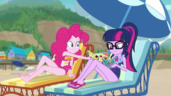 Size: 1280x720 | Tagged: safe, screencap, feather bangs, pinkie pie, sci-twi, twilight sparkle, equestria girls, friendship math, g4, my little pony equestria girls: better together, barefoot, beach, clothes, duo, duo female, feet, female, geode of sugar bombs, geode of telekinesis, leg focus, magical geodes, one-piece swimsuit, pinkie pie swimsuit, sandals, schrödinger's pantsu, sci-twi swimsuit, swimsuit, umbrella