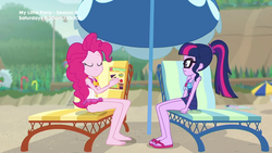 Size: 1280x720 | Tagged: safe, screencap, pinkie pie, sci-twi, twilight sparkle, equestria girls, friendship math, g4, my little pony equestria girls: better together, barefoot, beach, book, clothes, duo, duo female, eyes closed, feet, female, frown, one-piece swimsuit, pinkie pie swimsuit, reading, sandals, schrödinger's pantsu, sci-twi swimsuit, smiling, swimsuit, umbrella, wide eyes