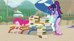 Size: 1280x720 | Tagged: safe, screencap, pinkie pie, sci-twi, twilight sparkle, equestria girls, friendship math, g4, my little pony equestria girls: better together, barefoot, beach, beach chair, book, chair, clothes, duo, duo female, feet, female, glasses, one-piece swimsuit, pinkie pie swimsuit, ponytail, sandals, sci-twi swimsuit, soles, swimsuit, that girl sure does love books, umbrella
