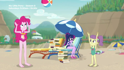 Size: 1280x720 | Tagged: safe, screencap, lily pad (g4), pinkie pie, sci-twi, twilight sparkle, equestria girls, equestria girls series, friendship math, g4, barefoot, beach, beach ball, book, clothes, feet, female, geode of sugar bombs, geode of telekinesis, magical geodes, one-piece swimsuit, schrödinger's pantsu, swimsuit, that girl sure does love books, umbrella, young