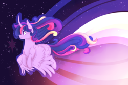 Size: 1024x683 | Tagged: safe, artist:theperfecta, twilight sparkle, alicorn, pony, g4, curved horn, cutie mark, female, flying, horn, mare, rainbow power, smiling, solo, space, stars, twilight sparkle (alicorn)