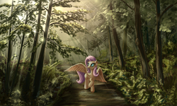 Size: 1280x768 | Tagged: safe, artist:stratodraw, fluttershy, pegasus, pony, g4, crepuscular rays, female, forest, mare, open mouth, raised hoof, smiling, solo, sunlight, tree