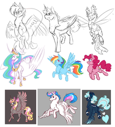 Size: 3573x3947 | Tagged: safe, artist:theperfecta, pinkie pie, princess celestia, rainbow dash, oc, alicorn, changeling, earth pony, pegasus, pony, unicorn, g4, annoyed, bow, bracelet, cutie mark, female, flying, hair bow, head wings, high res, jewelry, looking back, male, mare, mixed media, regalia, simple background, sketch, sketch dump, smiling, spread wings, stallion, two toned mane, wings