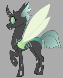Size: 686x844 | Tagged: safe, artist:theperfecta, oc, oc only, oc:odonata, changeling, fangs, female, gray background, short tail, simple background, solo, spread wings, wings