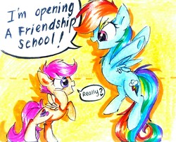 Size: 2821x2295 | Tagged: safe, artist:liaaqila, rainbow dash, scootaloo, pegasus, pony, g4, school daze, female, filly, high res, mare, multicolored hair, open mouth, smiling, speech bubble, traditional art