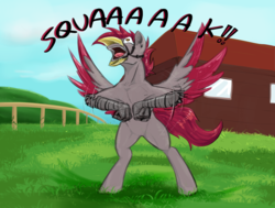 Size: 1832x1384 | Tagged: safe, artist:testostepone, oc, oc only, oc:velvet quill, hippogriff, beak, bipedal, building, ear piercing, fence, flapping, grass, piercing, spread wings, strap on beak, wings