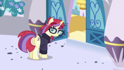 Size: 1280x720 | Tagged: safe, edit, edited screencap, editor:binkyt11, screencap, moondancer, pony, unicorn, amending fences, g4, alternate hairstyle, butt, discovery family, discovery family logo, eyebrows, female, glasses, mare, plot, smiling, solo