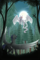 Size: 2000x3000 | Tagged: safe, artist:monogy, oc, oc only, bat pony, pegasus, pony, bat pony oc, female, flower, flower in hair, forest, full moon, high res, looking at each other, male, mare, moon, night, pale belly, smiling, stallion, tree