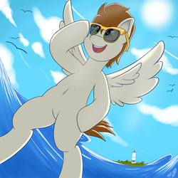 Size: 2500x2500 | Tagged: safe, artist:tonystorm12, oc, oc only, bird, pegasus, pony, cloud, high res, lighthouse, male, sky, solo, stallion, sunglasses, water