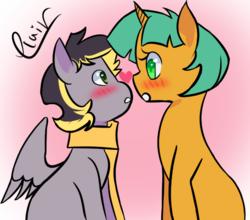 Size: 693x611 | Tagged: safe, artist:elair, snails, oc, oc:aero, g4, aeroshell, blushing, canon x oc, clothes, colt, cute, duo, gay, glitter shell, gradient background, heart, looking at each other, looking into each others eyes, male, offspring, offspring shipping, parent:derpy hooves, parent:oc:warden, parents:canon x oc, parents:warderp, scarf, shipping