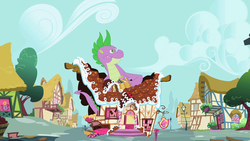 Size: 1280x720 | Tagged: safe, screencap, spike, dragon, g4, secret of my excess, greed spike, male, ponyville, ruins, solo, spikezilla, sugarcube corner