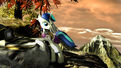 Size: 3840x2160 | Tagged: safe, artist:whiteskyline, shining armor, pony, unicorn, g4, 3d, armor, digital art, high res, male, mountain, scenery, solo, source filmmaker, stallion, tree