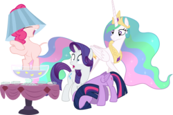 Size: 6358x4209 | Tagged: safe, artist:90sigma, artist:awesomecas, artist:mattyhex, artist:parclytaxel, edit, edited edit, editor:slayerbvc, vector edit, pinkie pie, princess celestia, rarity, twilight sparkle, alicorn, earth pony, pony, unicorn, g4, ponyville confidential, the gift of the maud pie, the hooffields and mccolts, absurd resolution, bipedal, celestia is amused, cup, dancing, furless, furless edit, hat, head down, lampshade, lampshade hat, nude edit, nudity, pinkie being pinkie, ponk, punch (drink), punch bowl, reacting to nudity, shaved, shaved tail, simple background, smiling, table, transparent background, twilight sparkle (alicorn), vector, we don't normally wear clothes