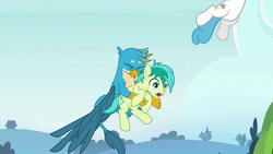 Size: 1280x720 | Tagged: safe, screencap, gallus, lightning bolt, sandbar, white lightning, earth pony, griffon, pegasus, pony, g4, school daze, duo, eyes closed, faceless male, flying, holding, holding a pony, male, offscreen character, out of context, stallion, teenager