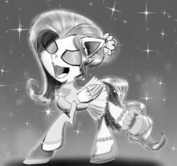 Size: 2000x1880 | Tagged: safe, artist:chopsticks, fluttershy, pegasus, pony, equestria girls, g4, my little pony equestria girls: better together, so much more to me, cheek fluff, clothes, cute, ear fluff, eyeshadow, female, makeup, monochrome, open mouth, raised hoof, shoes, shyabetes, singing, solo, sparkles