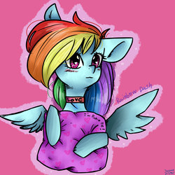 Size: 3000x3000 | Tagged: safe, artist:tar2005, rainbow dash, pegasus, pony, g4, blue, collar, cute, dashabetes, female, heart, heart eyes, high res, love, mare, pillow, simple background, wingding eyes, wings