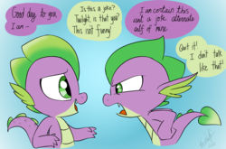 Size: 1214x800 | Tagged: safe, artist:emositecc, spike, dragon, comic:sparkle, g4, alternate universe, annoyed, dialogue, duality, duo, male, self dragondox, self paradox, speech bubble, story in the source