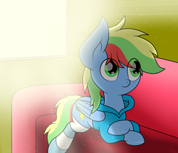 Size: 2248x1936 | Tagged: safe, artist:php142, oc, oc only, pegasus, pony, clothes, commission, cute, hoodie, indoors, male, sitting, socks, solo, striped socks, sunlight, window