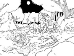 Size: 1024x783 | Tagged: safe, artist:tillie-tmb, oc, oc only, pegasus, pony, campfire, female, fire, forest, mare, monochrome, moon, night, tent, tree