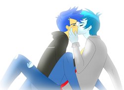 Size: 1600x1163 | Tagged: safe, artist:supermaxx92, flash sentry, thunderbass, human, equestria girls, g4, couple, gay, kissing, love, male, rocker, shipping, simple background, thunderflash, white background