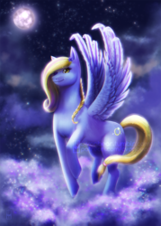 Size: 624x870 | Tagged: safe, artist:c_vonbear, oc, oc only, oc:platinum band, pegasus, pony, commission, female, mare, moon, night, solo