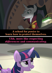 Size: 1920x2680 | Tagged: safe, edit, screencap, chancellor neighsay, twilight sparkle, alicorn, pony, unicorn, g4, school daze, caption, eea council, female, friendship, male, mare, stallion, text, twilight sparkle (alicorn)