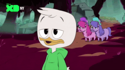 Size: 1022x574 | Tagged: safe, bird, duck, kelpie, shetland pony, animated, barely pony related, bramble (ducktales), briar (ducktales), ducktales, ducktales 2017, louie duck, pony reference, sound, spoilers for another series, webm