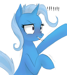 Size: 548x612 | Tagged: safe, artist:ehfa, trixie, pony, unicorn, g4, behaving like a cat, bipedal, biting, crying, exclamation point, female, hissing, ouch, scared, simple background, solo, tears of pain, tongue bite, tongue out, white background