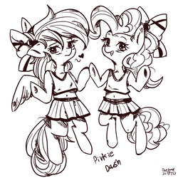 Size: 3000x3000 | Tagged: safe, artist:tar2005, pinkie pie, rainbow dash, earth pony, pegasus, pony, g4, bow, cheerleader, cheerleader outfit, clothes, female, floppy ears, friend, heart, high res, jumping, lesbian, looking away, mare, ship:pinkiedash, shipping, smiling, underhoof