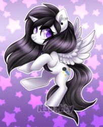 Size: 650x796 | Tagged: safe, artist:cabbage-arts, oc, oc only, oc:star song, alicorn, pony, abstract background, alicorn oc, colored pupils, commission, commissioner:raindrop angel, female, flying, looking at you, mare, solo