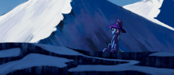 Size: 2476x1080 | Tagged: dead source, safe, artist:nevermattie, trixie, pony, unicorn, g4, clothes, female, hat, mare, mountain, scenery, sitting, smiling, snow, solo, trixie's hat