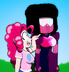 Size: 1239x1292 | Tagged: safe, artist:cailauniverse, pinkie pie, gem (race), human, g4, clothes, crossover, duo, duo female, female, fusion, garnet (steven universe), gem fusion, humanized, shirt, steven universe